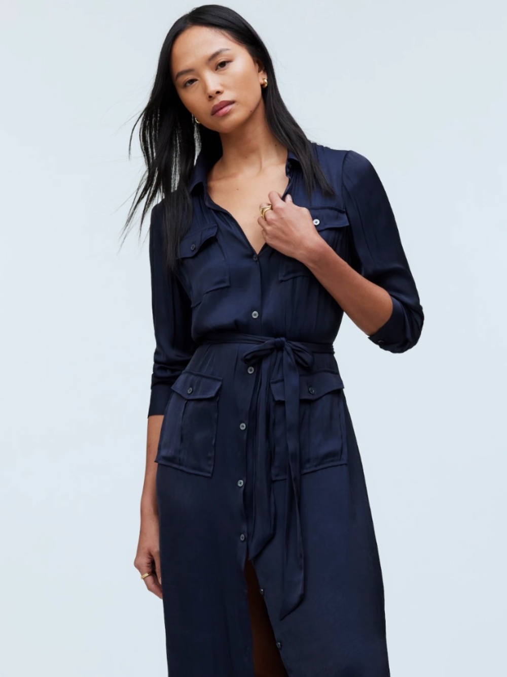 Madewell Button-Front Utility Shirtdress in Satin